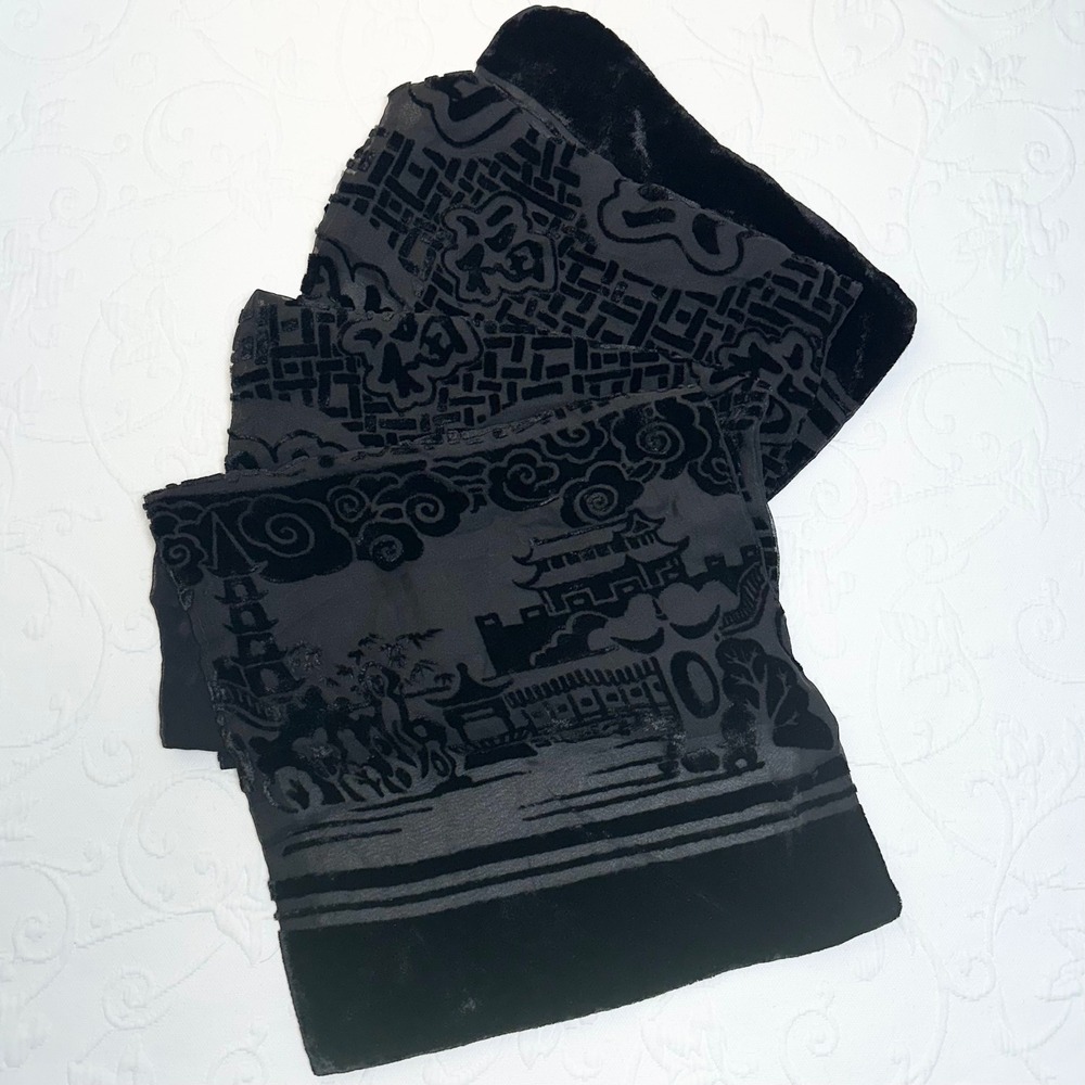 Vintage 90s Black Burnout Velvet Silk Blend Scarf Asian Pagoda Landscape Devore